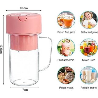 Portable mini blender bottle in mint and pink colors with fresh fruit inside