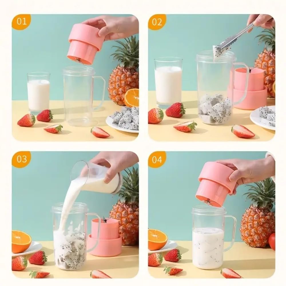 Portable mini blender bottle in mint and pink colors with fresh fruit inside.